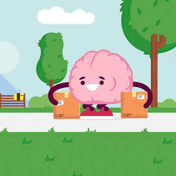 A colorful illustration of a pink brain character with each arm around a cardboard box in a park setting A colorful illustration of a pink brain character with each arm around a cardboard box in a park setting